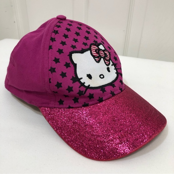 Hello Kitty Sanrio Glitter Stars Hot Pink Black Hat Cap Adjustable Youth Teen - Picture 2 of 13